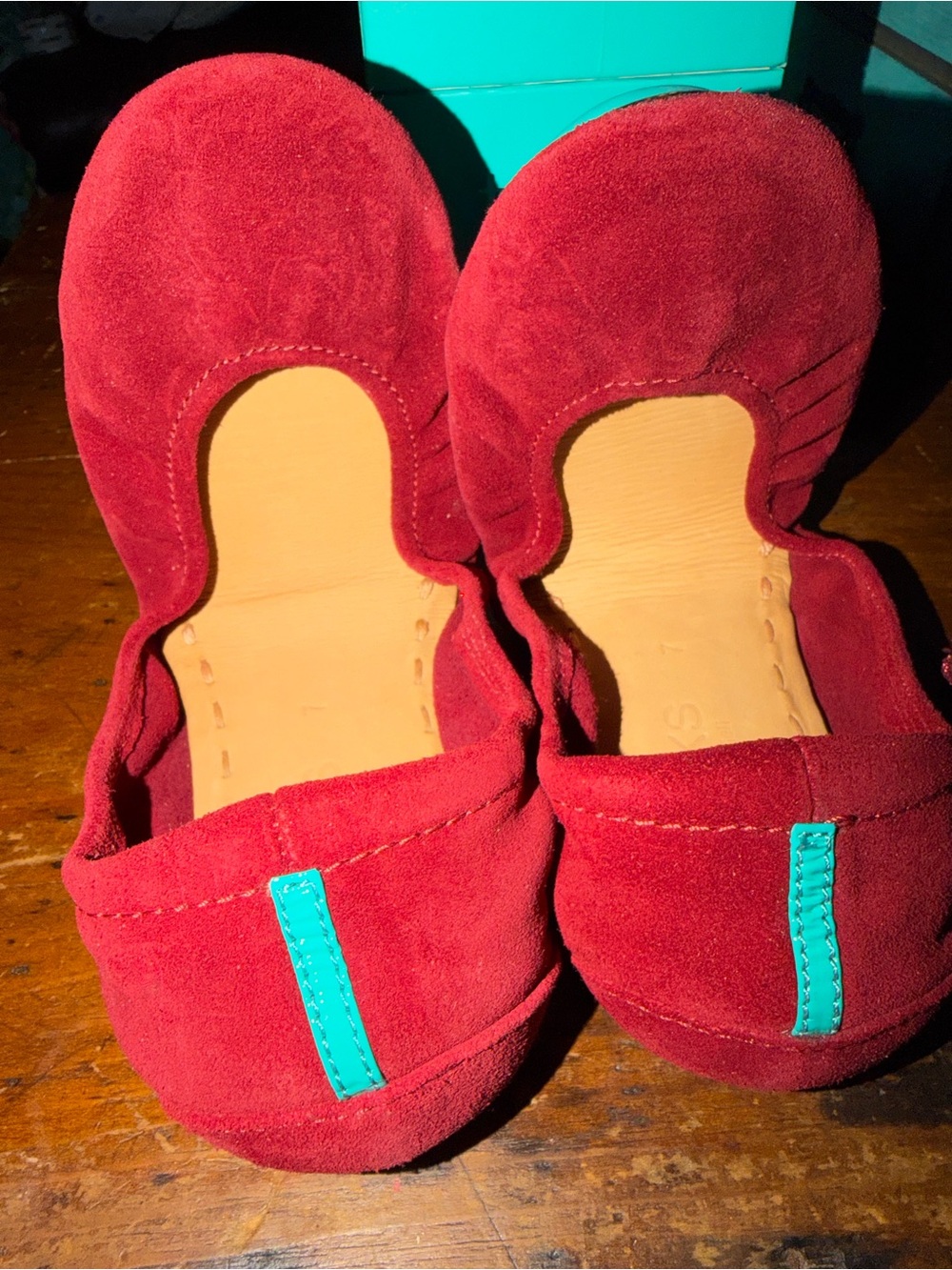 Tieks Red Suede Flats with Teal Accent
